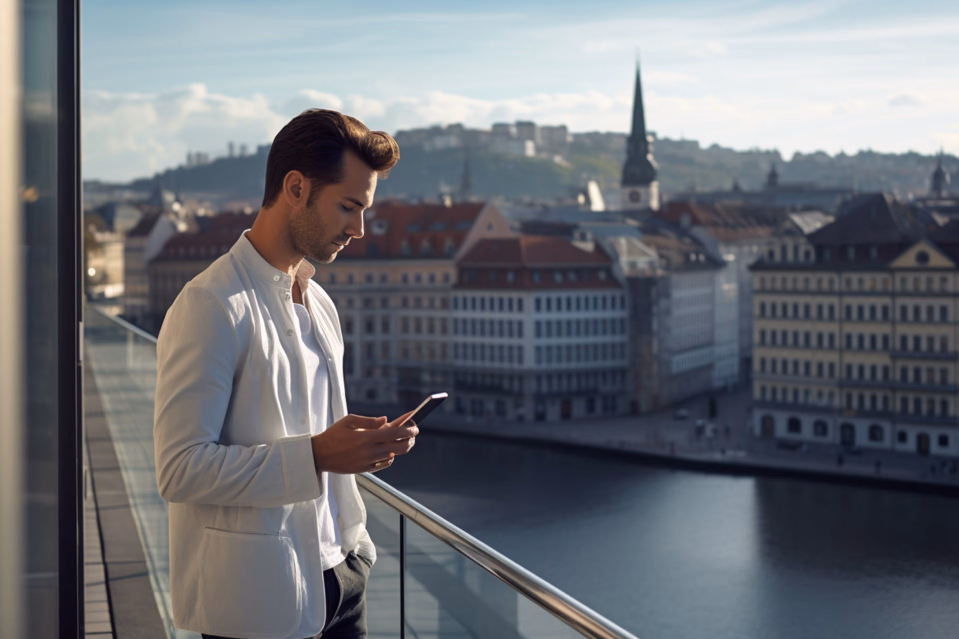 A man using his phone to get pricing information 