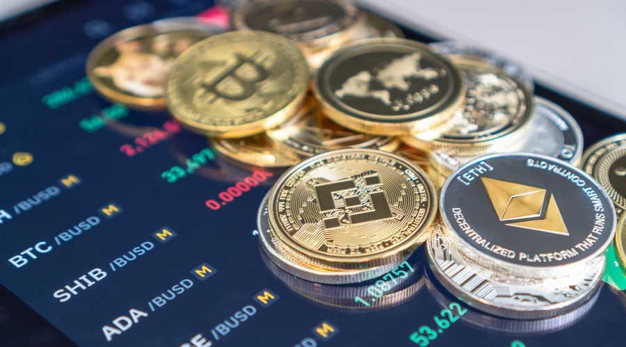 Crypto coins around a card